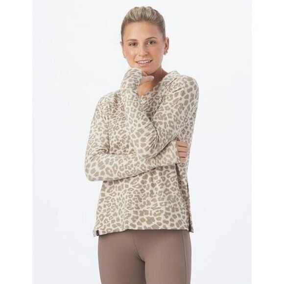 Glyder Lounge Sweatshirt Womens Medium Oatmilk Leopard Print Crewneck Thumbholes - Picture 1 of 12